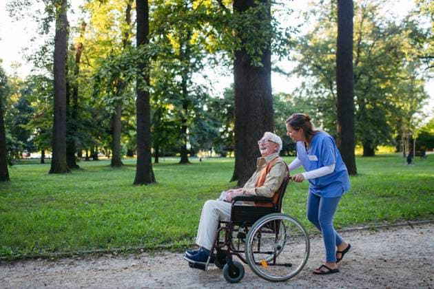 Happy healthcare worker walking with senior man sitting in wheelchair near trees at park model released, Symbolfoto, HAPF03399