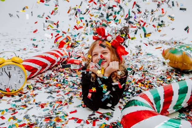 Happy girl lying on floor with Christmas decoration model released, Symbolfoto property released, MDOF01741