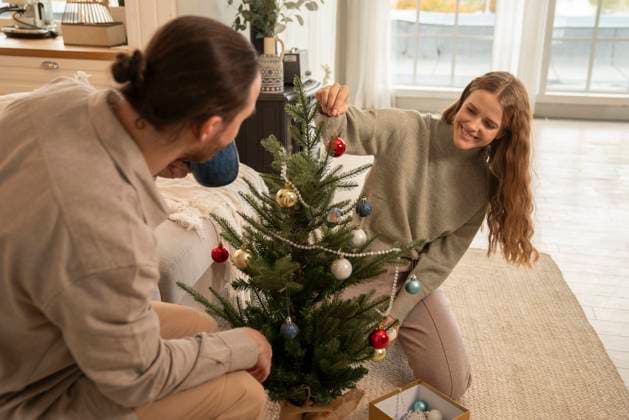 Happy couple decorating Christmas tree at home model released, Symbolfoto property released, VPIF08952