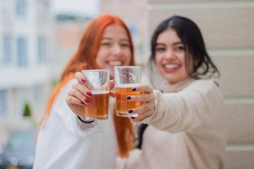 A closeup shot of two female friends drinking beer on the balcony 731577 ,model released, Symbolfoto RECORD DATE NOT STATED