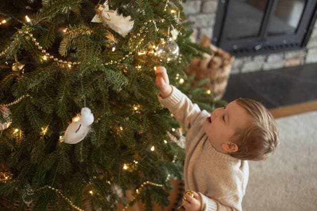 Young boy reaches up gleefully to decorate family Christmas tree Vancouver, British Columbia, Canada CR_LJRI231229-1311515-01 ,model released, Symbolfoto