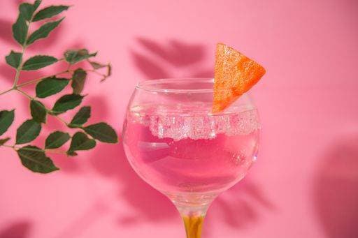 A glass of gin and tonic on a pink background 1000659 RECORD DATE NOT STATED