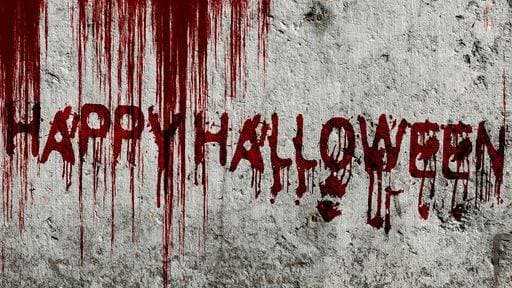 An illustration of a bloody phrase HAPPY HALLOWEEN written on the wall- the concept of bloody death, Halloween 1254577 RECORD DATE NOT STATED