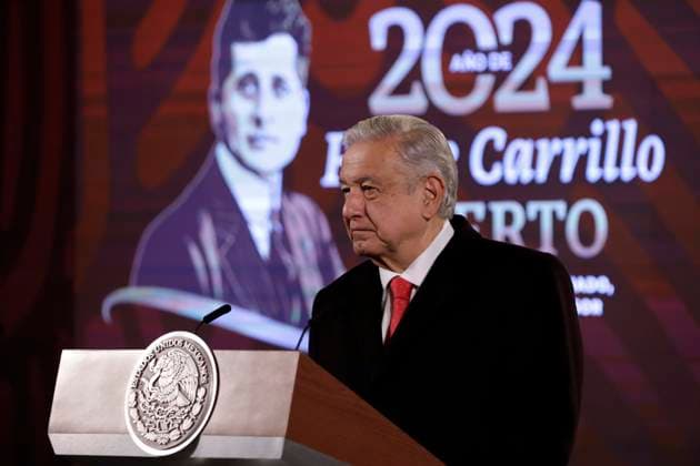 Andres Manuel Lopez Obrador, president of Mexico at a press conference January 5, 2024, Mexico City, Mexico: The president of Mexico, Andres Manuel Lopez Obrador at a press conference before the media at the National Palace in Mexico City. on January 5, 2024 in Mexico City, Mexico (Photo by Luis Barron Eyepix Group). Copyright: xLuisxBarronx xEyepixxGroupx LB-20240105-6