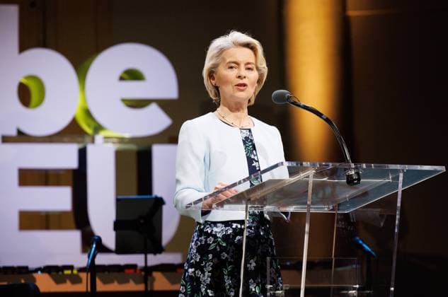 News Bilder des Tages European Commission president Ursula Von der Leyen delivers a speech at the opening event of the Belgian Presidency of the Council of the European Union in honor of the King and Queen, in Bozar, Friday 05 January 2024. Organized by the Chancellery of the Prime Minister in collaboration with the Communities and Regions, the concert will be conducted by composer and pianist J. Neve who will be joined by an orchestra of musicians from all over the country. The evening is structured around a musical work by Neve, a tribute to the work of a number of Belgian artists of international stature and performances by special guests Gatto, Sue and Adigery, Friday 05 January 2024, in Brussels. On January 1, 2024, the the Belgian Presidency of the Council  POOLxBENOITxDOPPAGNE 83552097