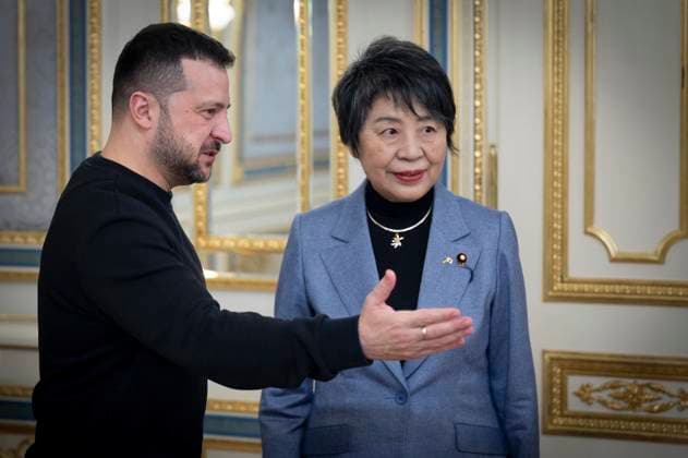 News Themen der Woche KW01 News Bilder des Tages January 7, 2024, Kyiv, Ukraine: Ukrainian President Volodymyr Zelenskyy welcomes the Japanese Foreign Affairs Minister Yoko Kamikawa for bilateral discussions at he Mariinsky Palace, January 7, 2024 in Kyiv, Ukraine. Kamikawa pledged $37 million for anti-drone equipment. Kyiv Ukraine - ZUMAp138 20240107_zaa_p138_028 Copyright: xUkrainexPresidency UkrainianxPrex