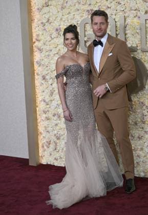 Actors (L-R) Sofia Pernas and Justin Hartley arrive for the 81st annual Golden Globe Awards at the Beverly Hilton in Beverly Hills, California on Sunday, January 7, 2024.  LAP202401070019 CHRISxCHEW