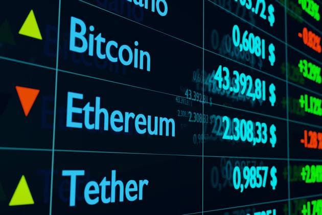 Crypto exchange. Bitcoin, Ethereum, Tether price information. Bitcoin, Ethereum, Tether screen with price information. Exchange, Bitcoin to the US Dollar moving up. Block chain technology, digital, cryptocurrencies, trading. 3D illustration crypto_currency20_crypto_currency