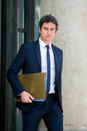 Reshuffle: Attal Could Be Named Prime Minister File photo - French Junior Minister for Public Accounts Gabriel Attal leaving the Elysee Palace after attending the weekly cabinet in Paris, France on May 30, 2023. - French National Education Minister Gabriel Attal could be named Prime Minister after Elisabeth Borne spoke with President Emmanuel Macron as a cabinet reshuffle appears imminent. At 34, he could become the youngest Prime Minister of the Fifth Republic. Photo by Pierrick Villette ABACAPRESS.COM Paris France  Copyright: xVillettexPierrick ABACAx