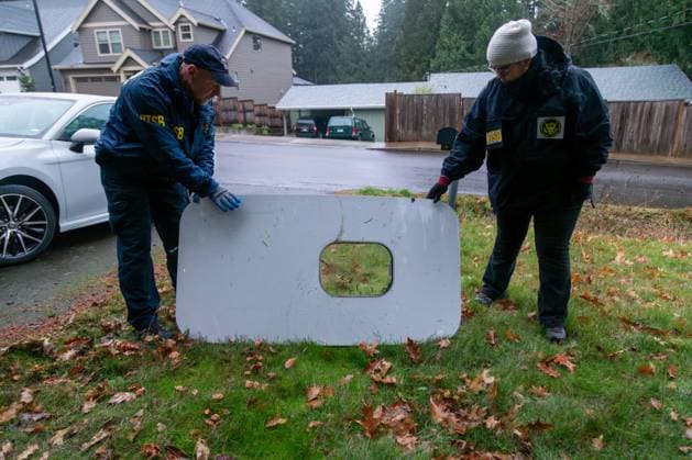 The National Transportation Safety Board (NTSB) announced on Monday, January 8, 2024, that they had recovered the door plug from Alaska Airlines Flight 1282 Boeing 737-9 MAX, in Cedar Hills, Oregon. NTSB investigators are sending the door plug to the NTSB Materials Laboratory in Washington, DC, for further examination. Shortly after takeoff on January 5, the panel installed to replace an optional emergency exit door, also known as a door plug, blew out, causing an uncontrolled aircraft decompression. Photo via NTSB  WAX2024010803 NTSB