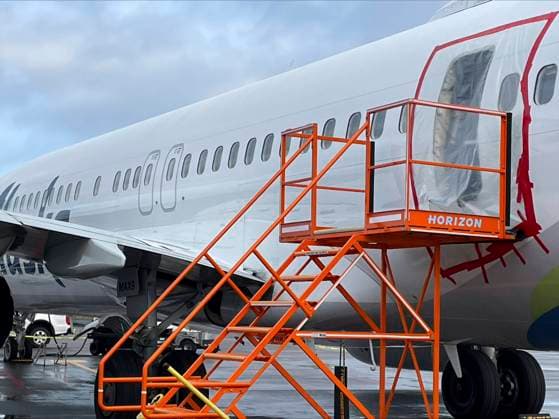 January 8, 2024, Portland, OR, United States: NTSB investigators sealed off the failed door plug of Alaska Airlines Flight 1282, a Boeing 737-9 MAX commercial aircraft, January 7, 2024 in Portland, Oregon. The aircraft suffered a blowout of a door plug on January 5th resulting in uncontrolled decompression of the aircraft and forcing an emergency landing. Portland United States - ZUMAp138 20240108_zaa_p138_009 Copyright: xNtsb NationalxTransportationx
