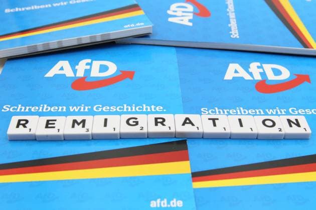 Auf Schreibblöcken der Partei Alternative für Deutschland (AfD) steht in Scrabble-Steinen der Begriff Remigration. Symbolbild Symbolfoto. Lurup Hamburg *** The term remigration is written in Scrabble tiles on writing pads of the Alternative for Germany AfD party Symbolic photo Lurup Hamburg