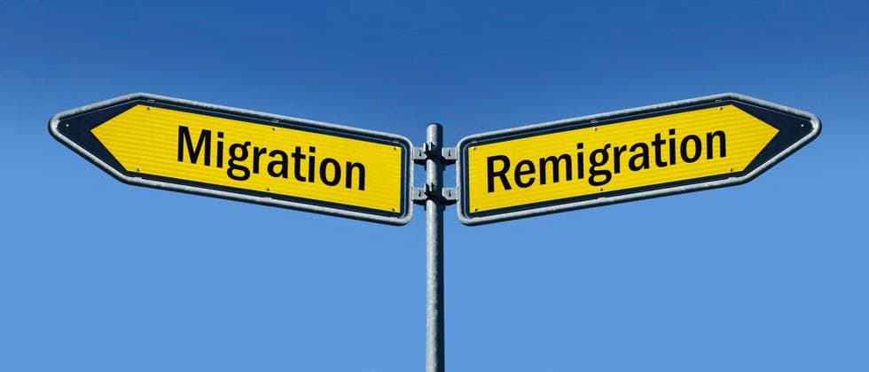 zwei Wegweiser mit Migration und Remigration zwei Wegweiser mit Migration und Remigration, 12.01.2024, Borkwalde, Brandenburg, In zwei Richtungen zeigen Wegweiser mit den Schriftzügen Migration und Remigration. *** two signposts with Migration and Remigration two signposts with Migration and Remigration, 12 01 2024, Borkwalde, Brandenburg, Signposts with the words Migration and Remigration pointing in two directions