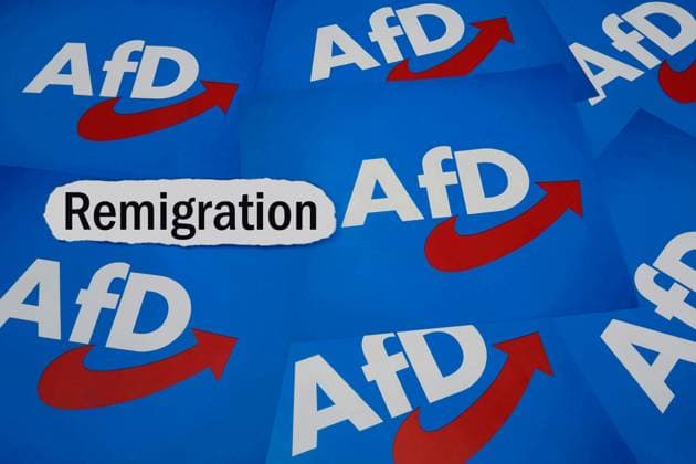 AfD und Remigration AfD und Remigration, 12.01.2024, Borkwalde, Brandenburg, Neben den Logos der AfD befindet sich der Schriftzug Remigration. *** AfD and remigration AfD and remigration, 12 01 2024, Borkwalde, Brandenburg, Next to the logos of the AfD is the lettering Remigration