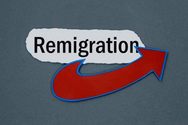 AfD und Remigration AfD und Remigration, 12.01.2024, Borkwalde, Brandenburg, Über einem Pfeil der AfD befindet sich der Schriftzug Remigration. *** AfD and Remigration AfD and Remigration, 12 01 2024, Borkwalde, Brandenburg, Above an arrow of the AfD is the lettering Remigration