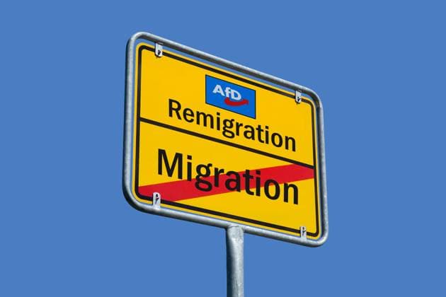 Ortsschild mit AfD-Logo und Remigration und Migration Ortsschild mit AfD-Logo und Remigration, 12.01.2024, Borkwalde, Brandenburg, In einem Ortsschild befindet sich das Symbol der AfD und dier Schriftzüge Remigration und Migration. *** Place name sign with AfD logo and Remigration and Migration Place name sign with AfD logo and Remigration, 12 01 2024, Borkwalde, Brandenburg, In a place name sign there is the symbol of the AfD and the lettering Remigration and Migration