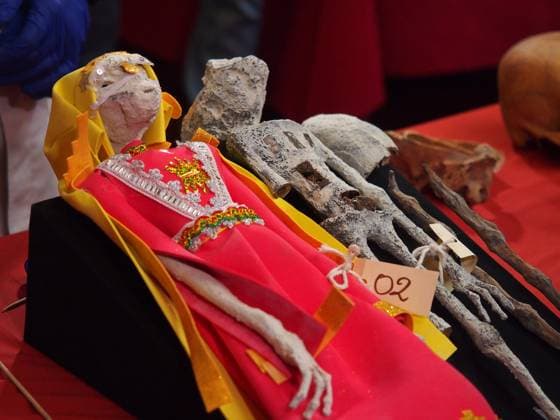 Bilder des Jahres 2024, News 01 Januar News Themen der Woche KW02 January 12, 2024, Lima, Lima, Peru: The alleged aliens shown when officials from the Prosecutor s Office and Peruvian Ministry of Culture present a report on alleged Alien Corpses, some kind of three-fingered humanoid mummies, recently seized when intended to be sent to Mexico. The report from the Institute of Legal Medicine concludes that it is a fraud, and they are dolls made with animal bones, plant tissue, plaster and glue Lima Peru - ZUMAg240 20240112_zip_g240_008 Copyright: xCarlosxGarciaxGranthonx