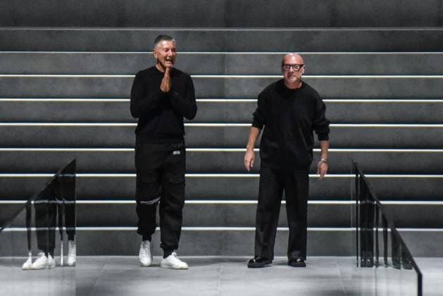 January 13, 2024, Milan, Italia: Italian fashion designers Maurizio Dolce and Stefano Gabbana wave at the end of the show presenting their Fall Winter 2024 2025 collection, in Milan, Italy, 13 January 2024. The Fall Winter 2024 2025 collections are presented from 12 to 16 January 2024..ANSA MATTEO CORNER Milan Italia  - ZUMAa110 20240113_zaf_a110_012 Copyright: xMatteoxCornerx xZ14x