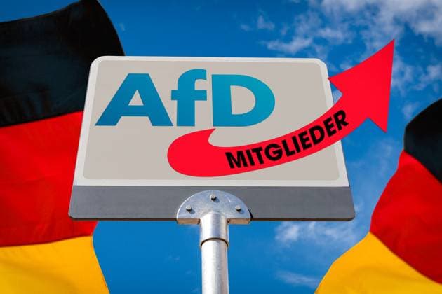 January 14, 2024: Sign with the logo of the AfD Alternative for Germany party with two German national flags. The arrow of the logo extends beyond the sign with the inscription Mitglieder FOTOMONTAGE *** Schild mit dem Logo der Partei AfD Alternative für Deutschland mit zwei Deutschen Landesflaggen. Der Pfeil des Logos steht über das Schild hinaus mit der Aufschrift Mitglieder FOTOMONTAGE