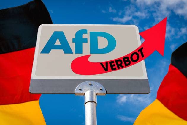 Bavaria, Germany - January 14, 2024: Sign with an AfD Alternative for Germany logo with the inscription Verbot. Possible ban of the party. German flags in front of a blue sky PHOTOMONTAGE *** Schild mit einem AfD Alternative für Deutschland Logo mit der Aufschrift Verbot. Mögliches Verbot der Partei. Deutschlandflaggen vor blauem Himmel FOTOMONTAGE