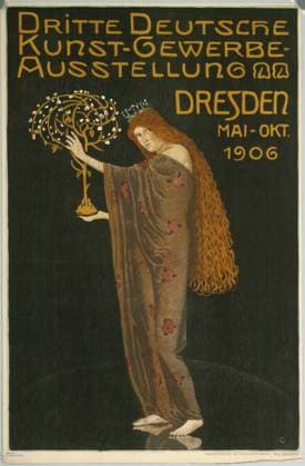 Color print by Otto Gussmann depicting the Third German Art Trade Exhibition in Dresden, created in 1906.