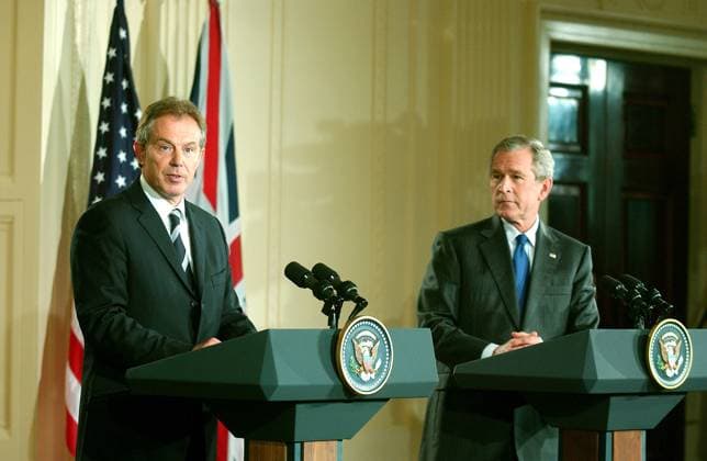 Bush and Blair Press Conference Washington, D.C. - July 28, 2006 -- United States President George W. Bush and Prime Minister Tony Blair of Great Britain hold a joint press conference in the East Room in the White House on July 28, 2006. They discussed ideas to broker a cease-fire between Israel and Hezbollah in Lebanon. Credit: Ron Sachs CNP Washington District of Columbia United States of America EDITORIAL USE ONLY Copyright: xx RonxSachsx cnpphotos002418