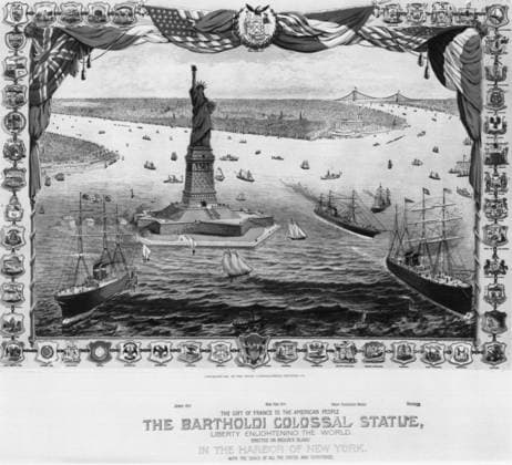 The Bartholdi Colossal Statue The Gift of France to the American People, the Bartholdi Colossal Statue, Liberty Enlightening the World : Here is a lithograph of the Statue of Liberty and boats in New York Harbor with the image surrounded by seals of the states and territories of the United States. New York City NY United States EDITORIAL USE ONLY Copyright: xx 1880.0014 x picturehistory000694