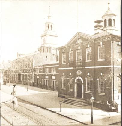 The Independence Hall Independence Hall in Philadelphia was the site of many important meetings during the years of the American Revolution. The Declaration of Independence was adopted here on July 4th, 1776, and the United States Constitution was drafted and signed here in 1787. Philadelphia PA United States EDITORIAL USE ONLY Copyright: xx MES15408 x picturehistory000931