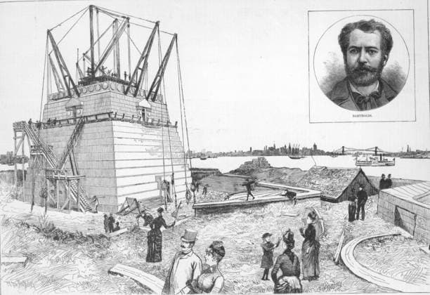Pedestal For Bartholdi s Statue of Liberty on Bedloe s Island, New York Harbor This page from the June 6, 1885 issue of Harper s Weekly contains a portrait of Frederic Auguste Bartholdi and an illustration of the work being done on the pedestal for the Statue of Liberty with New York City in the distance. New York City NY United States EDITORIAL USE ONLY Copyright: xx 1880.0146 x picturehistory001383