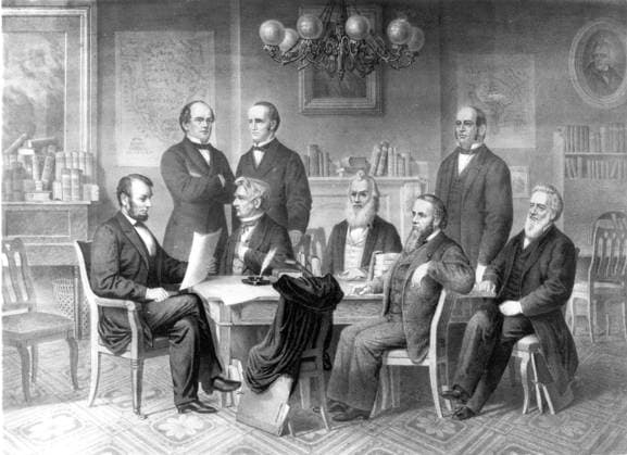 President Lincoln and His Cabinet. Reading of the Emancipation Proclamation This engraving is a loose interpretation of the well-known 1864 painting by Francis Bicknell Carpenter (1830-1900). Carpenter spent six months in the White House (February 5-August 1, 1864) while making the painting, and also made several other paintings of Lincoln and his family. The cabinet members are seated around a table in the State Dining Room of the White House. From left to right, they are: President Abraham Lincoln; Salmon P. Chase, Secretary of Treasury; William H. Seward, Secretary of State; Montgomery Blair, Postmaster General; Gideon Welles, Secretary of the Navy; Edwin M. Stanton, Secretary of War; Caleb B. Smith, Secretary of Interior; Edward Bates Copyright: xx 17.038 x picturehistory002215