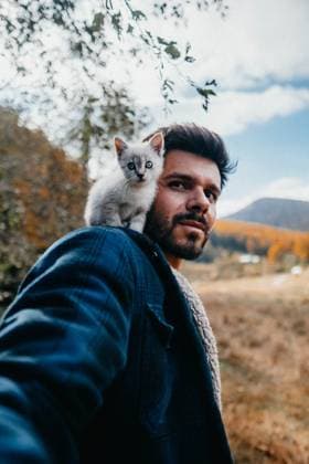 Creative Highlights Symbolbilder Tiny kitten sitting on man shoulder in the nature Cheia, Prahova, Romania CR_BUEM2401168D-1055389-01 ,model released, Symbolfoto