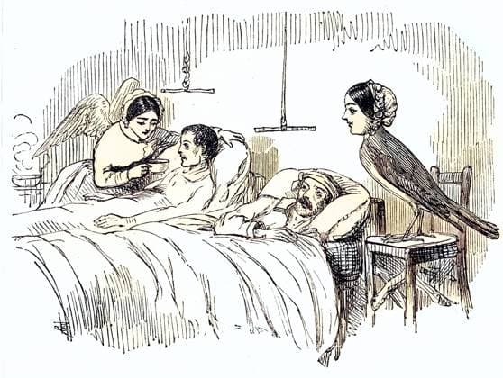 Florence Nightingale (12. Mai 1820 -13. August 1910) war eine britische Krankenschwester, Statistikerin, Begünderin der modernen westlichen Krankenpflege,English nurse and one of her ministering angels in the Crimea, as seen by Punch, London, 1854. Crimean War 1853-1856. Wood engraving., Historisch, digital restaurierte Reproduktion von einer Vorlage aus dem 19. Jahrhundert, Record date not stated