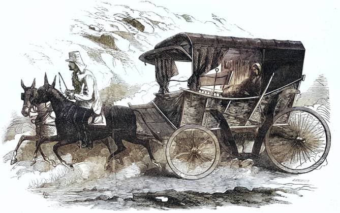 Florence Nightingale (12. Mai 1820 -13. August 1910) war eine britische Krankenschwester, Statistikerin, Begünderin der modernen westlichen Krankenpflege, English nurse, in her carriage in the Crimea. It is a homely vehicle corresponding to the womanly simplicity of her whom it was employed to convey . From The Illustrated London News, 30 August 1856. Wood engraving., Historisch, digital restaurierte Reproduktion von einer Vorlage aus dem 19. Jahrhundert, Record date not stated