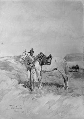 RECORD DATE NOT STATED The Second Boer War, 1899-1902 A painting of a Yeoman standing beside his horse. Sketch drawn by William Skeoch Cumming, based on photograph Q 72289. Copyright: xpiemagsx piemagwarw13102023-3684 !ACHTUNG AUFNAHMEDATUM GESCHÄTZT!