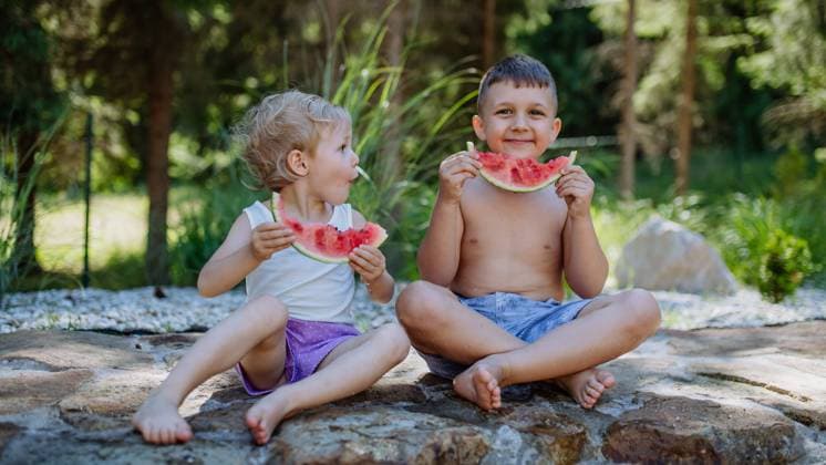 Little chidren sitting near lake and eating watermelon on hot sunny day during summer vacation. Little chidren sitting near a lake and eating watermelon on hot sunny day during summer vacation. model released Copyright: xx HHH SOLO TZ KYSUCE DOVOLENKA 2022 HHH 466