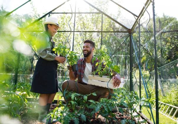 IMAGO Creative: Garten, Anbau im Gewächshaus Happy young father with small daughter working outdoors in backyard, gardening and greenhouse concept. A happy young father with small daughter working outdoors in backyard, gardening and greenhouse concept. model released Copyright: xx Man at home Victor 2021 133