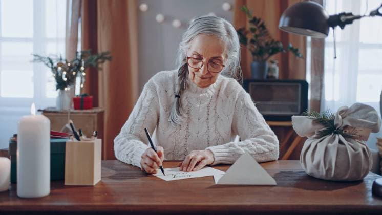 Happy senior woman writing Christmas cards indoors at home A happy senior woman writing Christmas cards indoors at home model released Copyright: xx Untitled_1.25.2