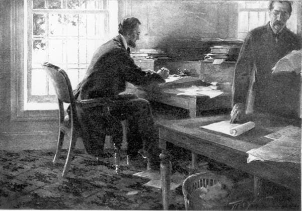 Lincoln in the War Department Telegraph Office President Lincoln in the War Department telegraph office writing the first draft of the Emancipation Proclamation : This illustration of Abraham Lincoln was drawn by C. M. Relyea. EDITORIAL USE ONLY Copyright: xx 16.147 x picturehistory002862