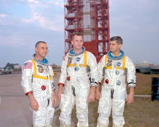 Apollo 1 Astronauts Cape Canaveral, FL - January 17, 1967 -- Astronauts (left to right) Virgil I. Gus Grissom, Edward H. White II, and Roger B. Chaffee, pose in front of Launch Complex 34 which is housing their Saturn 1 launch vehicle. The astronauts died ten days later on January 27, 1967 in a fire in their spacecraft during a routine training session on the launch pad. Credit: NASA via CNP Cape Canaveral Florida United States of America EDITORIAL USE ONLY Copyright: xx NASAx cnpphotos008553