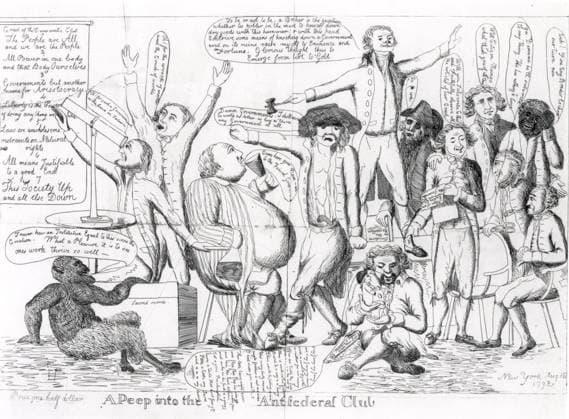A Peep Into the Anti-Federal Club In this political cartoon, Thomas Jefferson stands up in the middle of a crowd of men raving. There is a poster in back mocking the Democratic Creed. EDITORIAL USE ONLY Copyright: xx 3.068 x picturehistory004487