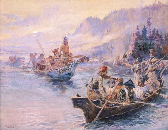 Lewis and Clark on the Lower Columbia This is a painting by Charles Russell showing Lewis & Clark on the Lower Columbia, meeting a party of Native Americans. xx EDITORIAL USE ONLY Copyright: xx 1800.0033 x picturehistory007344