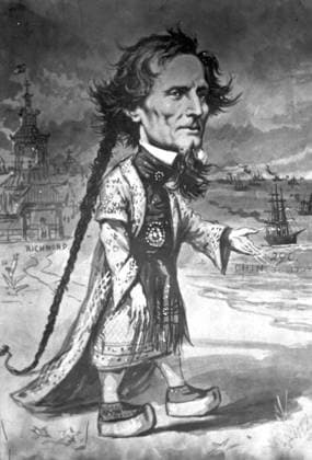 Thomas Nast Cartoon of Jefferson Davis This is a cartoon of Jefferson Davis dressed as a Chinese man in order to escape capture by the Union Army. EDITORIAL USE ONLY Copyright: xx MES16096 x picturehistory007407