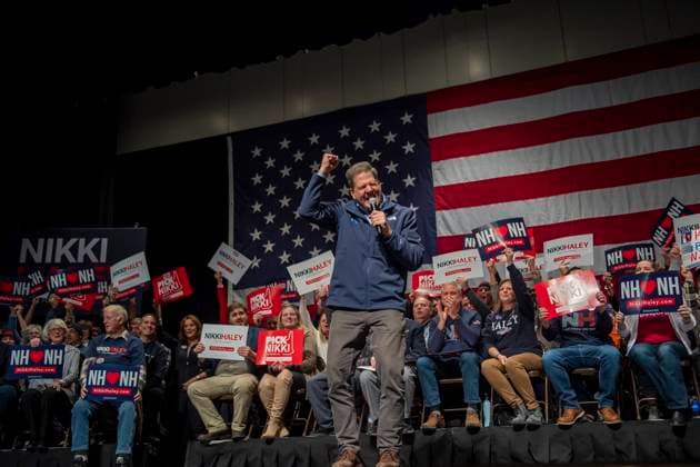 New Hampshire Governor Chris Sununu cheers during a campaign event for former South Carolina Governor and Republican presidential candidate Nikki Haley in Exeter, New Hampshire on January 21, 2024. Haley hopes to edge out former US President Donald J. Trump in the upcoming New Hampshire Primary following the withdrawal of Florida Governor Ron DeSantis from the Republican Presidential Primary.  EXE20240121006 AmandaxSabga