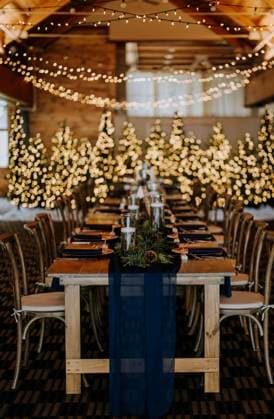 Wedding reception dinner table with lights and decorations Carrabassett Valley, Maine, United States CR_SSNF240120C-1300154-01
