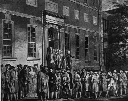 Presenting the Declaration of Independence A crowd gathers as the members of the Continental Congress led by John Hancock emerge from Independence Hall after the adoption of the Declaration of Independence. Philadelphia PA United States EDITORIAL USE ONLY Copyright: xx 1770.0074 x picturehistory012131