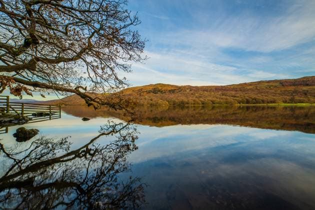 Cold, clear and calm day with view of Coniston Water, Lake District National Park, UNESCO World Heritage Site, Cumbria, England, United Kingdom, Europe Copyright: SimonxHall 1376-38
