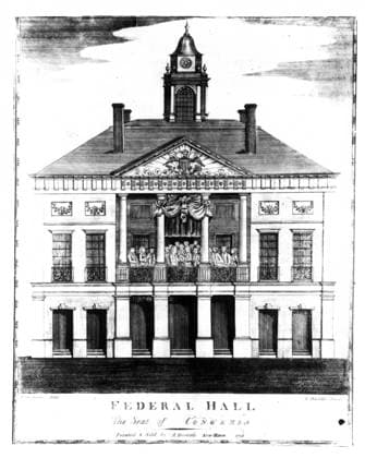 Federal Hall, The Seat of Congress This engraving depicts George Washington and Congress on the balcony of Federal Hall at Washington s first inauguration. It was engraved and printed by Amos Doolittle in 1790. New York NY United States EDITORIAL USE ONLY Copyright: xx 1780.0050 x picturehistory012253