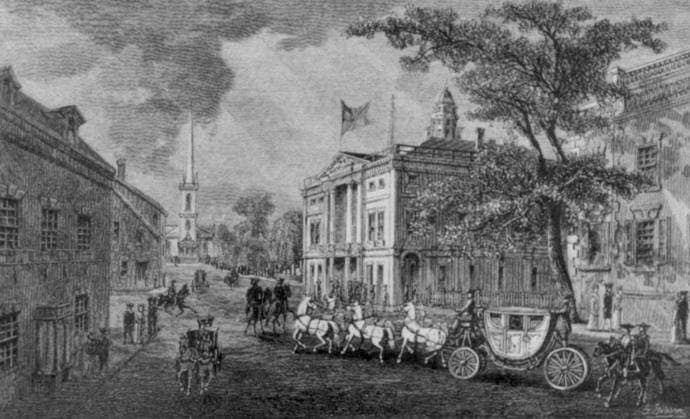 George Washington Arrives at Federal Hall George Washington arrives by coach at Federal Hall in New York for his inauguration. New York NY United States EDITORIAL USE ONLY Copyright: xx 1780.0058 x picturehistory012361