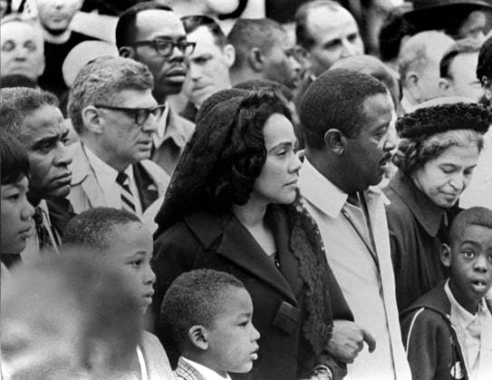 April 8, 1968, Memphis, Tennessee, USA: Dr. Martin Luther King s widow, CORETTA SCOTT KING, and three of the couple s four children - YOLANDA KING (at extreme left edge), MARTIN LUTHER KING III and DEXTER KING - led the a march through downtown Memphis April 8, 1968. The march, originally planned to refocus attention on the sanitation strike, became a memorial to King. Rev. Ralph Abernathy (right) and Rosa Parks (at far right) were two of the well-known civil rights leaders who joined an estimated 19,000 people from across the nation. The march to City Hall moved quietly - almost silently - down Main Street, the droning of the police helicopter overhead and the shouts of National Guardsmen to clear the way the loudest sounds on the stre - ZUMAc51_ 19930518_zaf_c51_001 Copyright: xSamxMelhornx