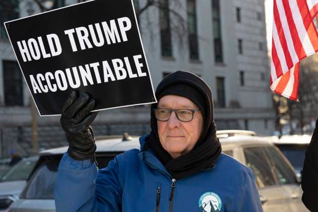 January 22, 2024, New York, New York, USA: Anti-Trump protesters with Rise & Resist hold signs outside of the U.S. District Courthouse as E. Jean Carroll and former President Donald Trump arrive for the defamation trial against Trump. A person holds a sign that reads Hold Trump Accountable. New York USA - ZUMAr174 20240122_znp_r174_015 Copyright: xGinaxMxRandazzox